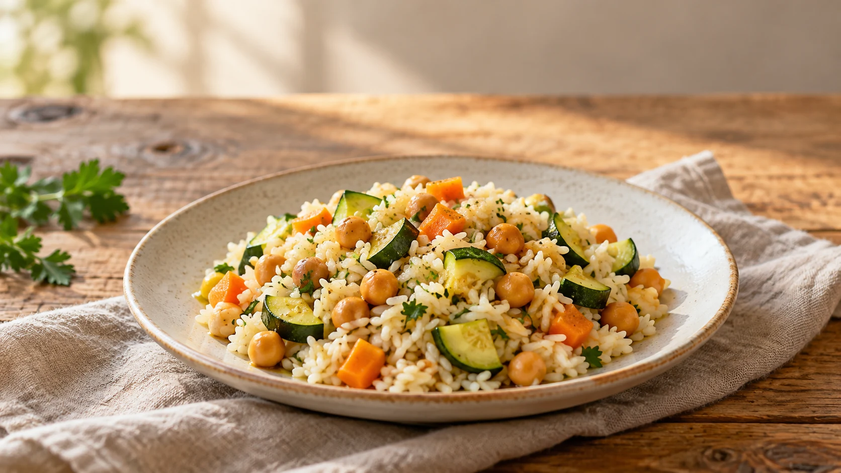 Riso con ceci, zucchine e carote per un pasto naturalmente senza glutine