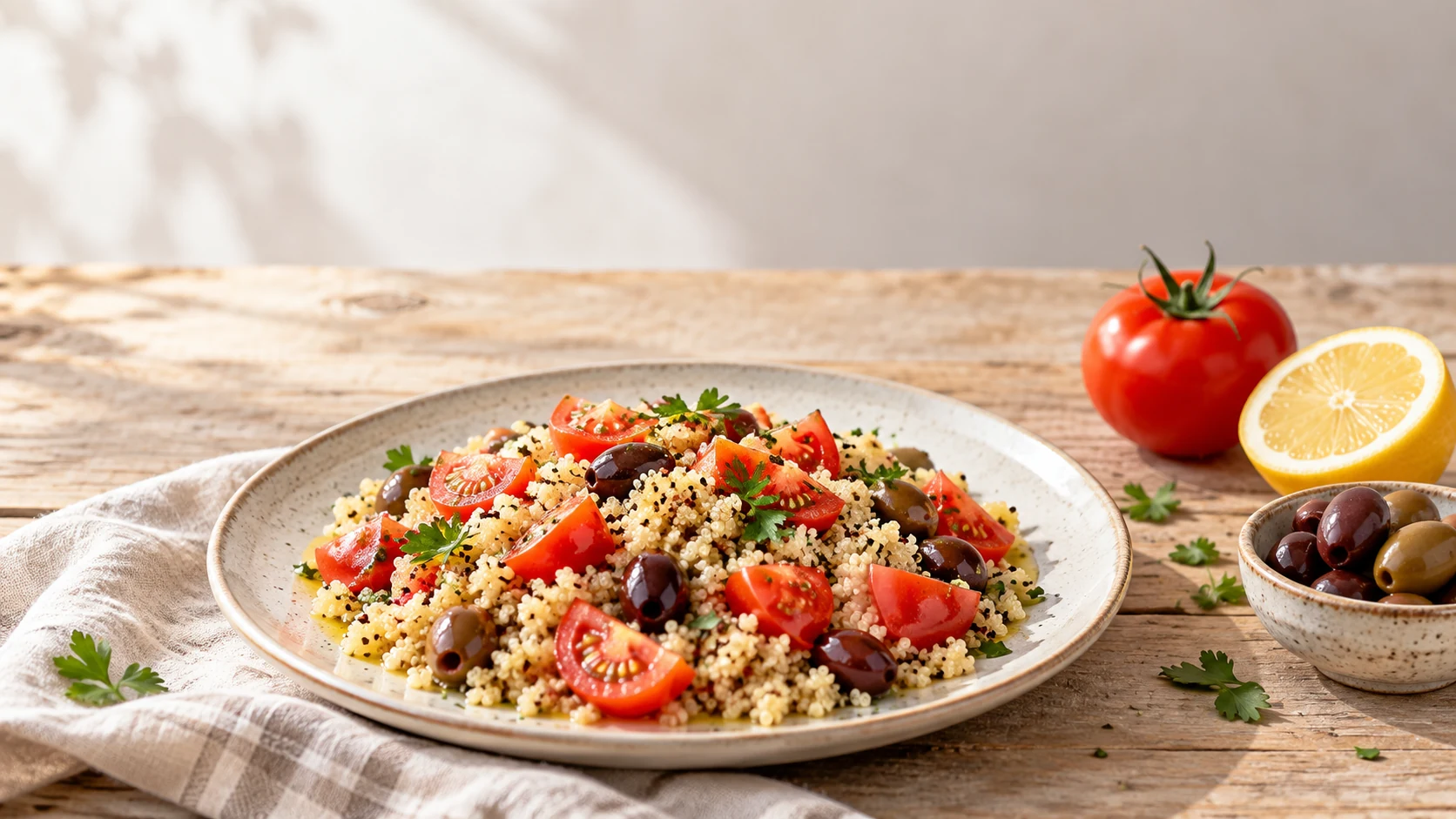 Quinoa con pomodori e olive per una dieta antinfiammatoria senza glutine e lattosio