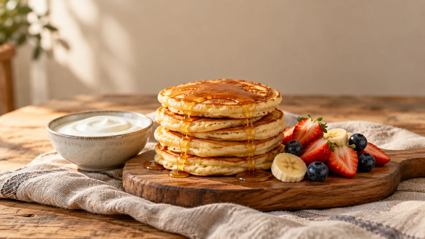 Merenda senza glutine con pancakes al miele, yogurt e frutta fresca