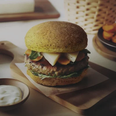 Panino autunnale alla curcuma e semi di chia, con hamburger e zucca arrosto