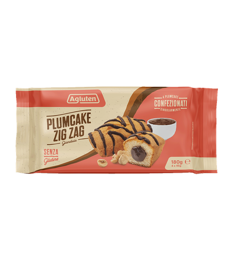Confezione da 180 g di Plumcake Zig Zag alla gianduia senza glutine Agluten, con 4 plumcake confezionati singolarmente