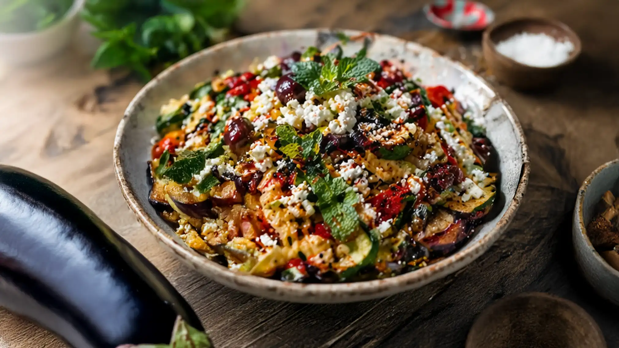 Pasta fredda estiva con feta e verdure grigliate