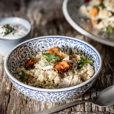 Cous cous con zucca arrosto, pollo e tahina