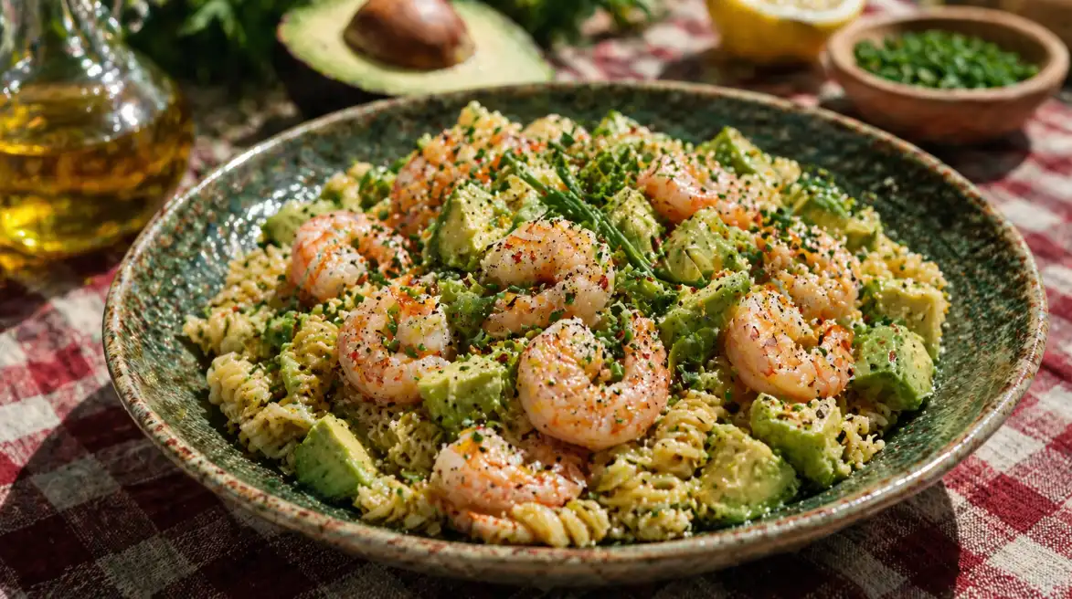 Pasta fredda con gamberetti e avocado