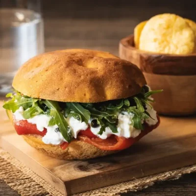 Focaccia al pomodoro con feta montata al pepe verde, peperoni arrosto e rucola