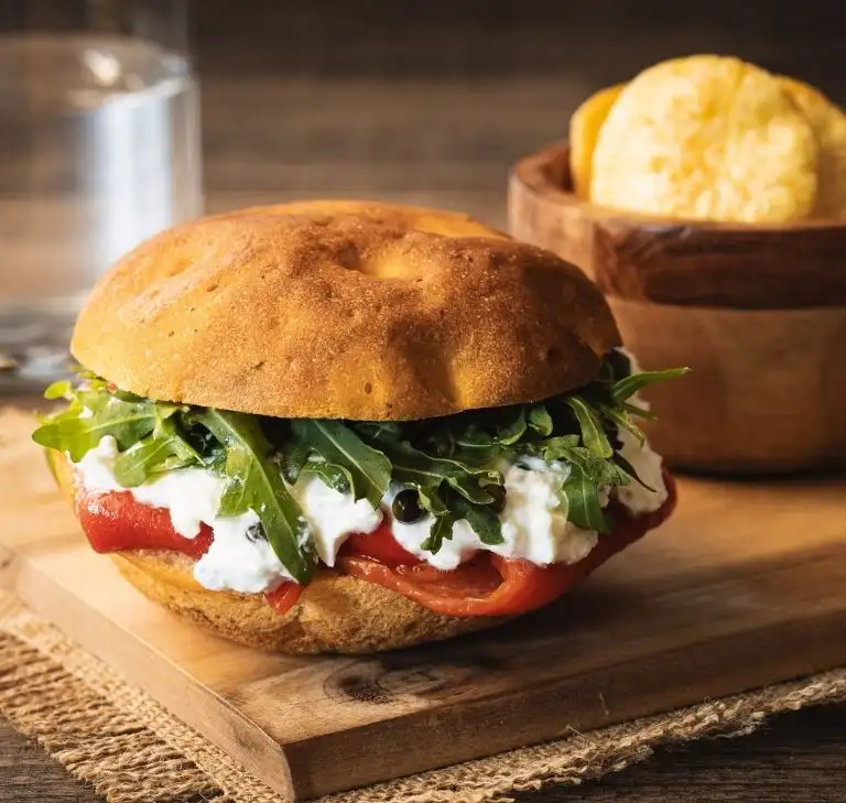 Focaccia al pomodoro con feta montata al pepe verde, peperoni arrosto e rucola