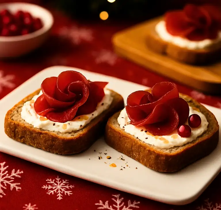 pantoast integrale Agluten: Toast integrale senza glutine con crema di caprino, bresaola, scorza d'arancia, pepe e glassa di aceto balsamico su tovaglia natalizia con decori invernali.