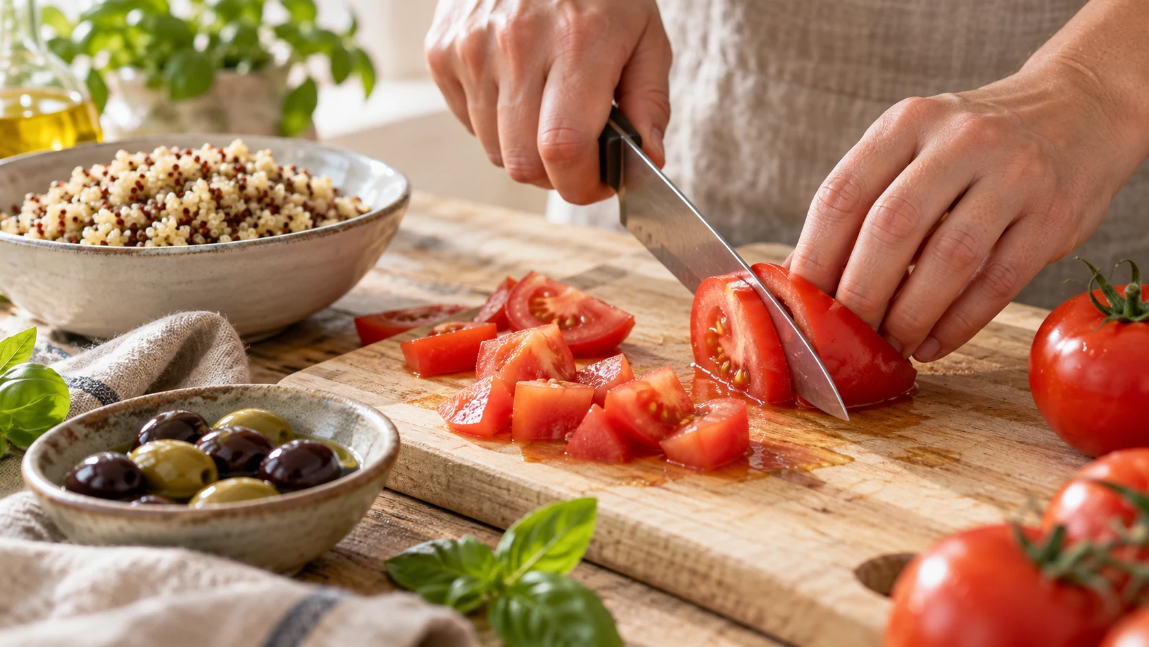 Taglio dei pomodori per un piatto di quinoa senza glutine e lattosio