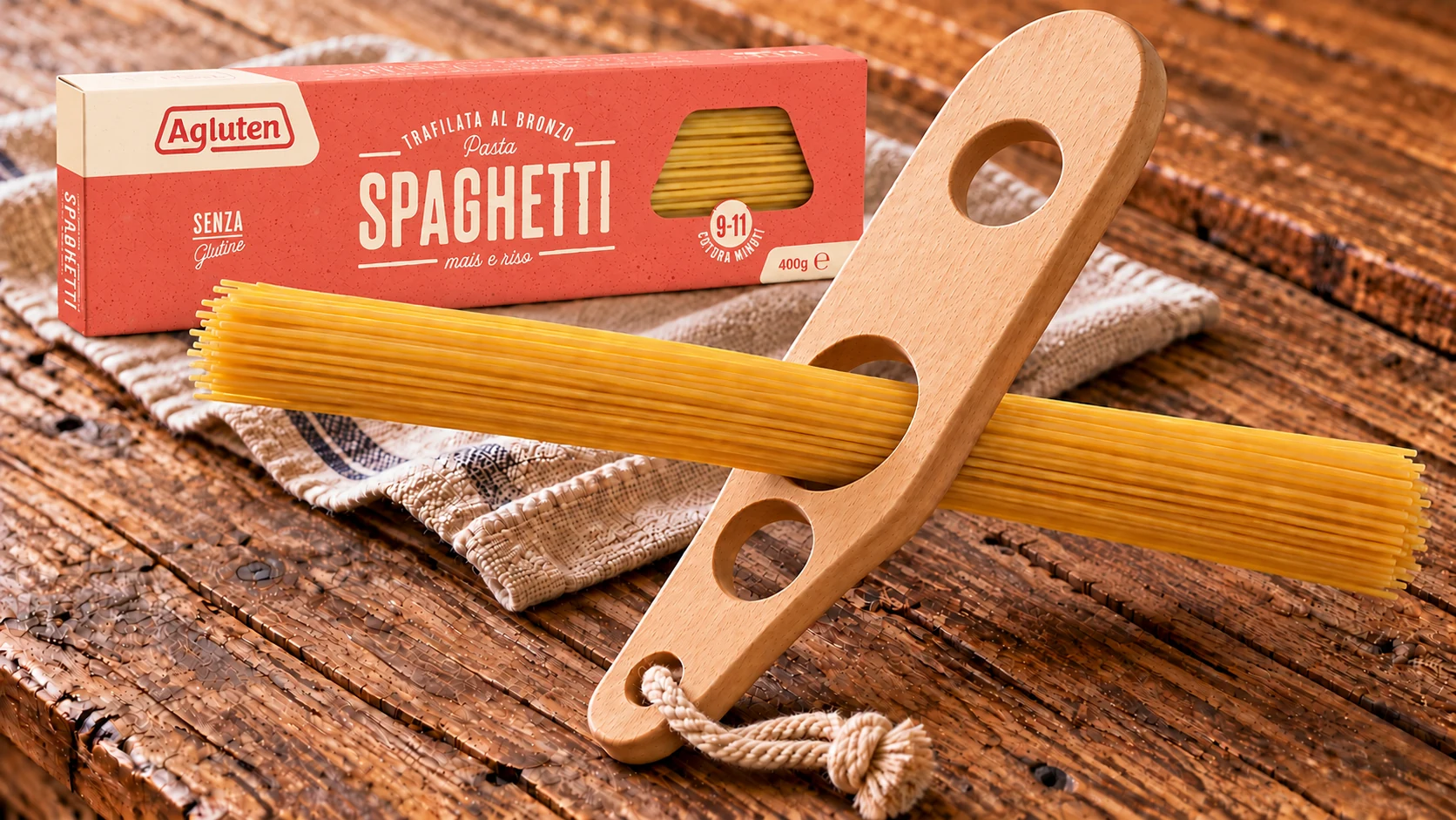 Spaghetti senza glutine Agluten nel porzionatore in legno, con confezione accanto